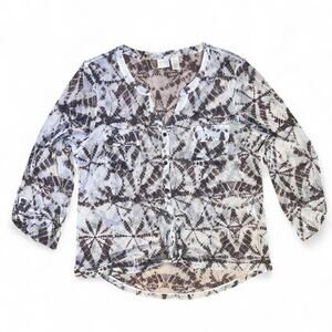 Chicos Black White Tie Dye Blouse Womens Size 2 Boho 3/4 Sleeve Top